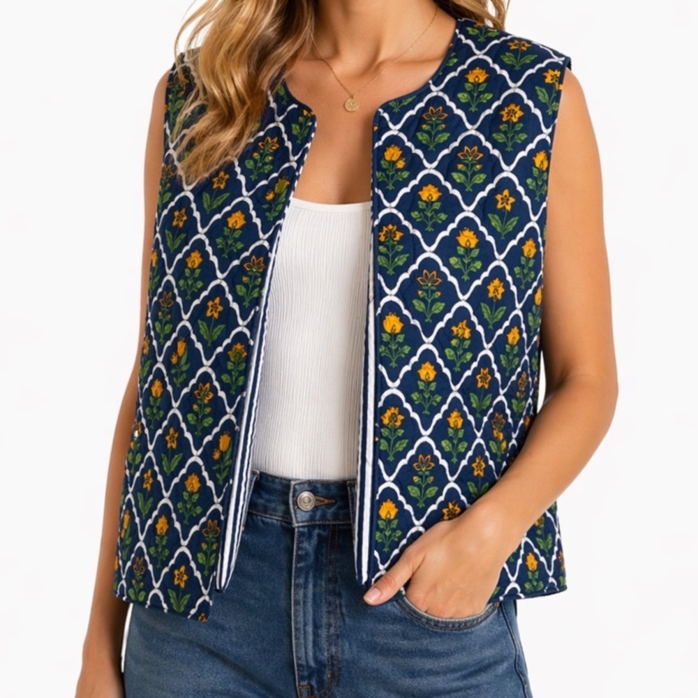 Japna Quilted Reversible Floral Open Vest Cottage Granny Coastal Chic L Cotton